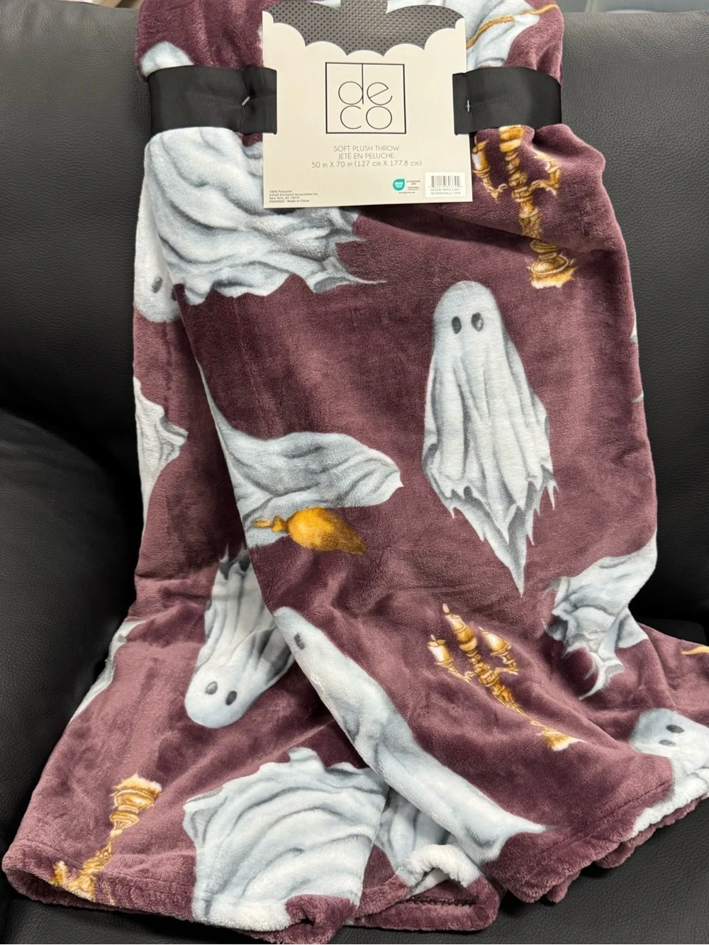 ADEE Plush Ghost Print Throw Blanket - Burgundy & White